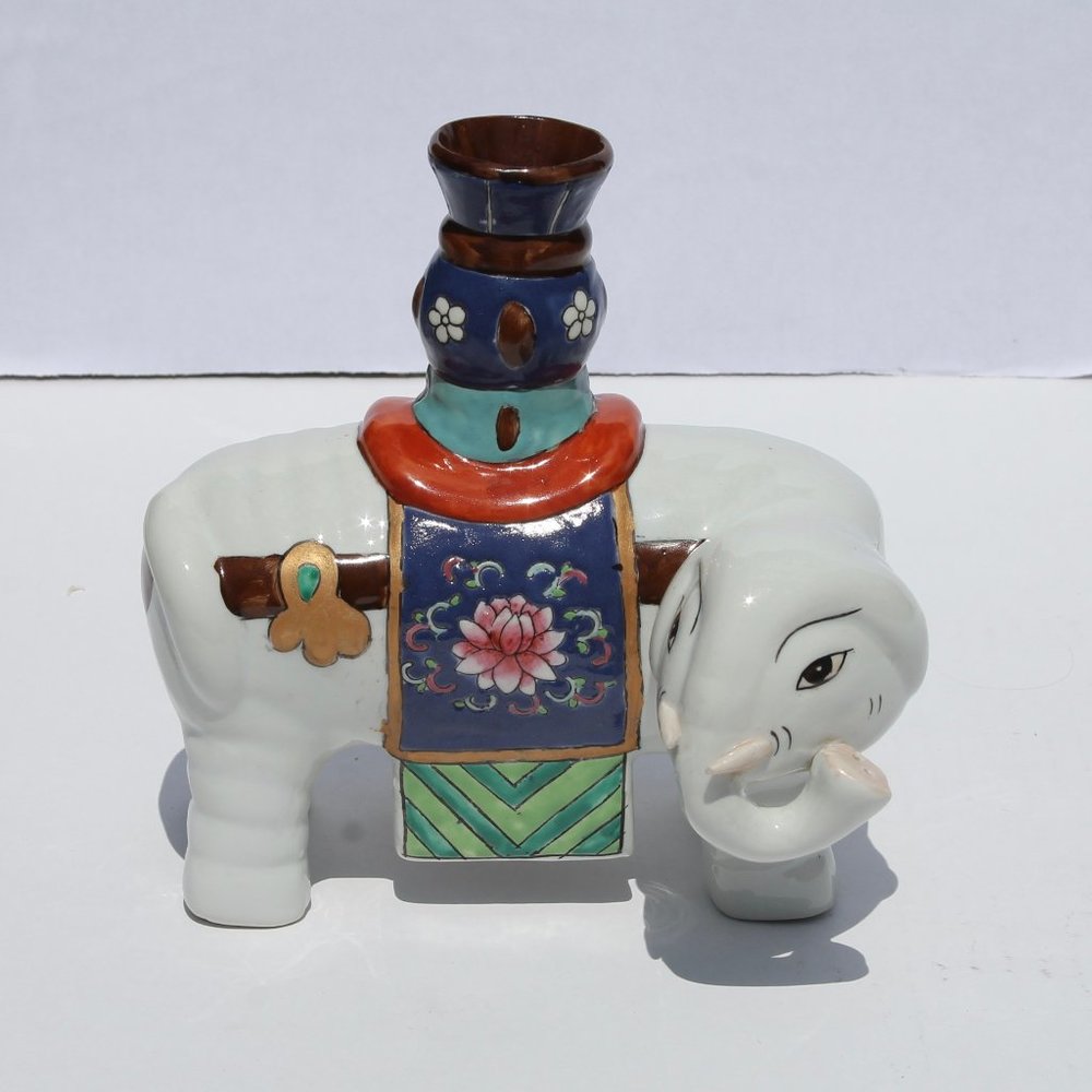 Chinese Export White Porcelain Elephant Candle Holder, 7", Lotus Flower, Gilt A